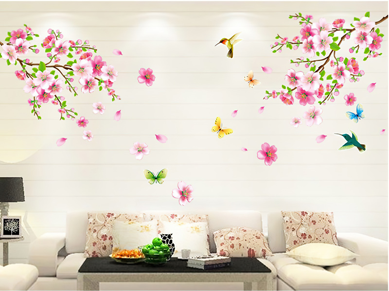 Decal dán tường Tết 2021 - Họa tiết hoa lá và chim muông